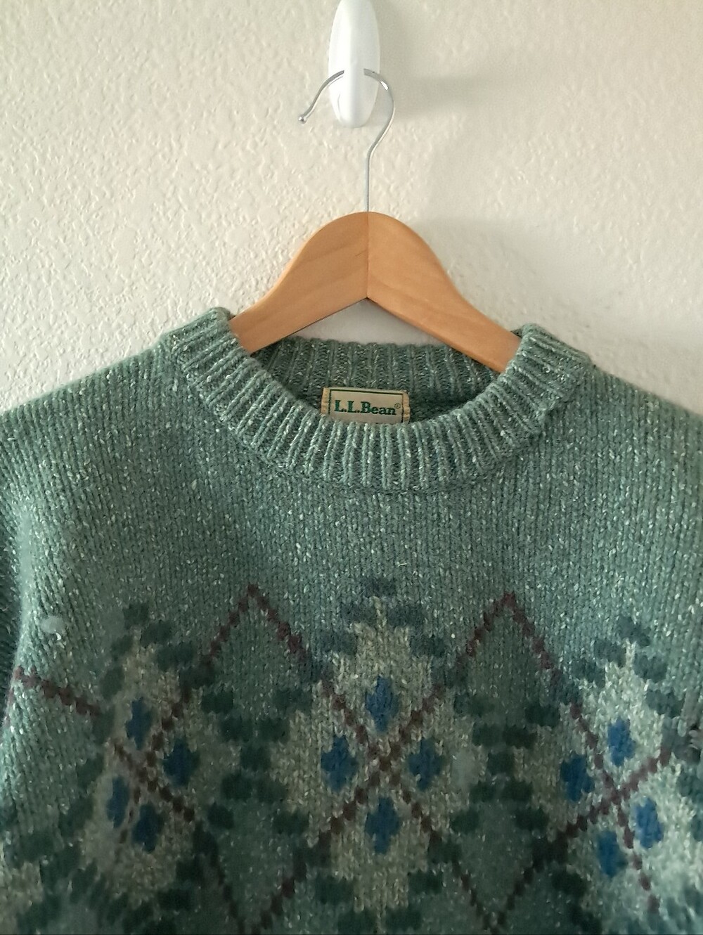 Vintage LL Bean Chunky Knit Argyle Sweater Long Sleeve Crewneck Wool Silk Green - Picture 2 of 7